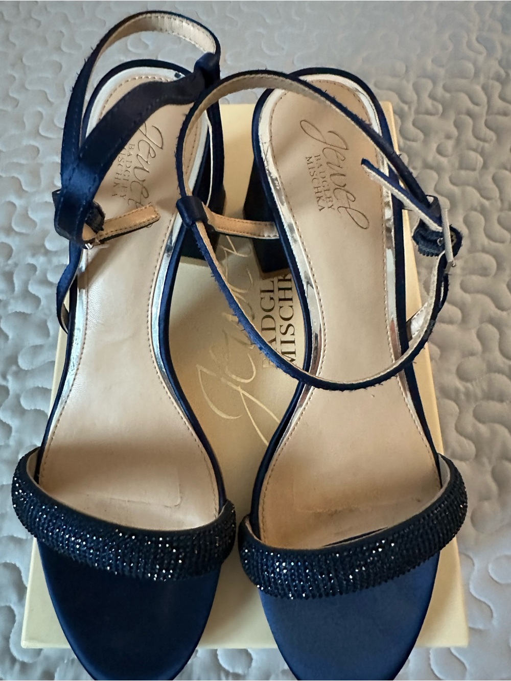 Badgley Mischka Navy Satin Block Heel Sandals with Crystal Strap - Picture 5 of 5